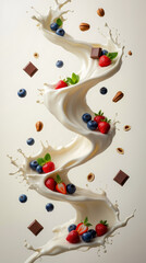Blueberries, strawberries, chocolate and hazelnuts in spiral creamy splashes