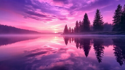 A calm lake reflecting a purple and pink sunset with distant pine trees.