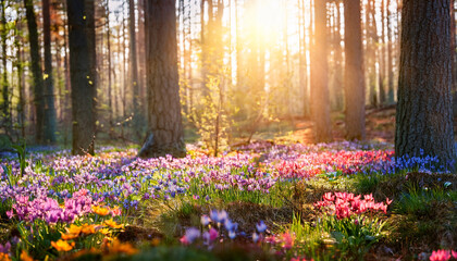 Obraz premium sunlit forest filled with colorful spring flowers and wildflowers captured in beautiful nature photography