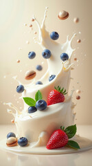 Blueberries, strawberries and hazelnuts in spiral splashes of creamy milk