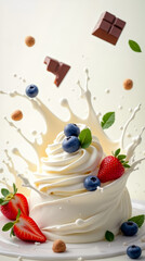 Blueberries, strawberries, chocolate and hazelnuts in splash of creamy milk
