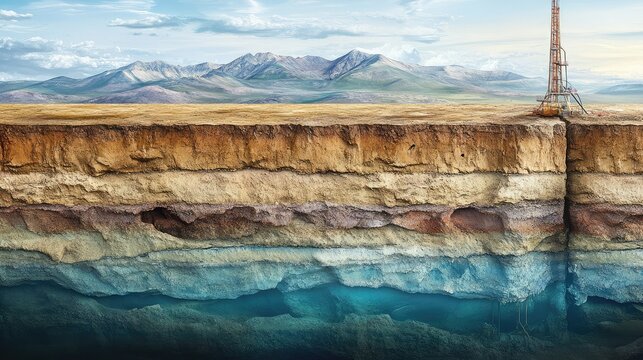 Cross-section of earth's strata with drilling rig.  Geological layers visible, reflecting in water below.  Mountains in the distance