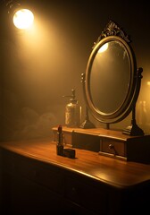 Vintage vanity illuminated: Reflected light and nostalgic objects create a moody atmosphere
