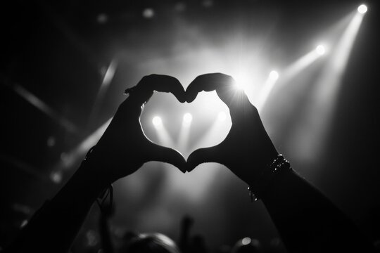 Heart-shaped hands at live concert with bright stage lights