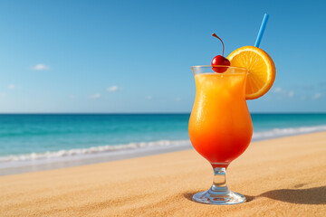 Tropical Beach Cocktail with Orange Juice and Cherry Garnish on Sandy Shore Under Blue Sky &ndash; Summer Vacation, Refreshment, and Travel Concept