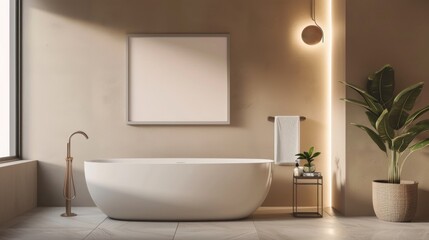 An empty rectangle frame mockup in white, placed on the wall of a modern bathroom with beige walls and neutral tones, featuring a freestanding bathtub and window.  