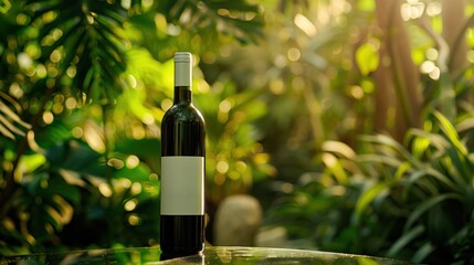 A bottle of wine with a white label stands on the table in front, green plants and trees behind it