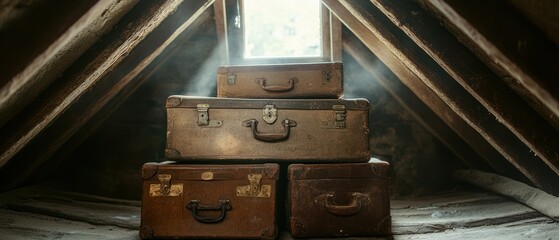 Stacked suitcases sit in attic, catching stream of light entering through window.