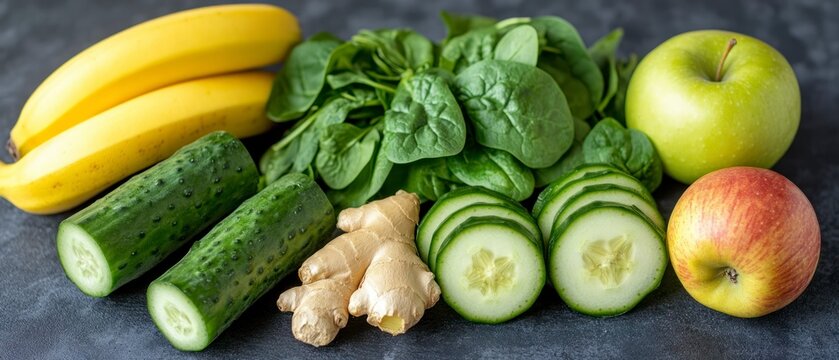 Selection of fruit and vegetables including bananas, cucumbers, spinach, ginger, and apples arranged for health conscious food preparation.
