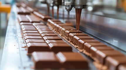 A chocolate bar production line with segmented molds moving under filling nozzles.