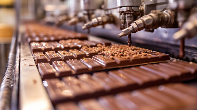 A chocolate bar production line with segmented molds moving under filling nozzles.