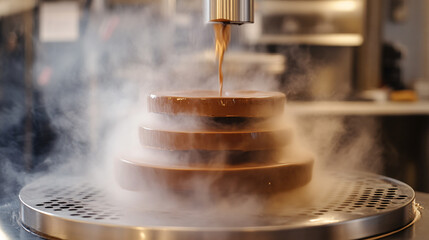 A chocolate fountain pouring layers of liquid cocoa in a factory test area.