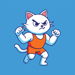 Fierce cartoon cat ready to brawl in orange wrestling suit against blue background
