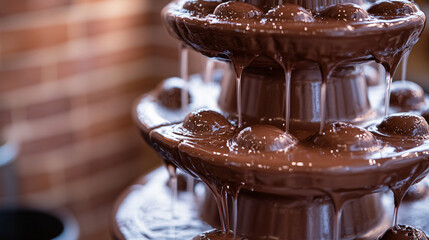 A chocolate fountain pouring layers of liquid cocoa in a factory test area.