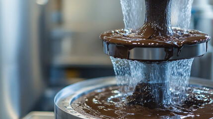 A chocolate fountain pouring layers of liquid cocoa in a factory test area.