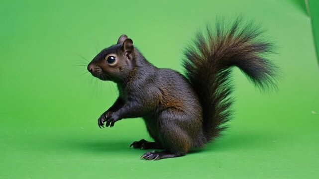 A dark brown squirrel stands upright on a green background with a fluffy tail curled up back green screen video