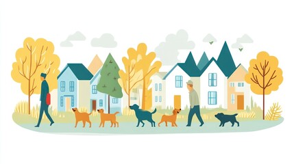 Fototapeta premium People Walking Dogs in a Serene Neighborhood Scene with Houses and Trees
