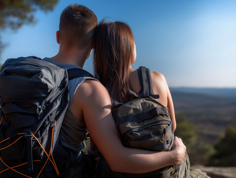Couple enjoying a sunset view while hiking in a scenic outdoor location