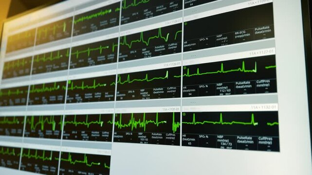 Close-up of multiple hospital EKG monitor readouts showing heart rate and vital signs of cardiac patients. Real-time data on heart activity in a critical care setting.	
