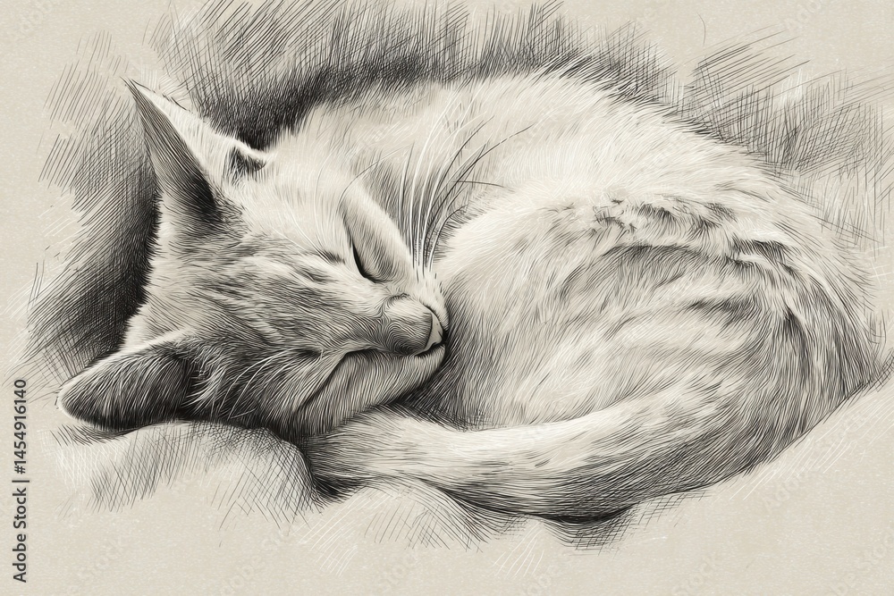 Poster Detailed Sketch of a Cat Curled up in a Sleeping Position With a Soft Background Creating a Calm Atmosphere Generative AI