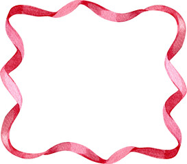 Watercolor pink ribbon frame. Border for holiday greeting card and invitation. Watercolour Illustration. Hand painted Xmas template.