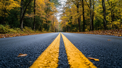 A classic American road with yellow lane markings surrounded by autumn trees.