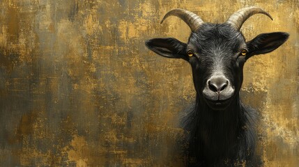 Dark goat stares intensely.  Intriguing portrait of a black goat with golden eyes against a textured golden background