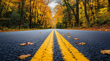 A classic American road with yellow lane markings surrounded by autumn trees.