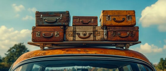 Suitcases sit stacked high on car roof, beckoning adventure and reminiscent travel.