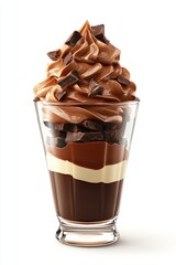 Glossy chocolate mousse parfait topped with whipped layers, chocolate chunks, and rich creamy textures in a clear dessert glass