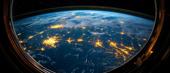 Planet Earth displays city lights illuminating night, seen through space station window, showing vastness impact urbanization.