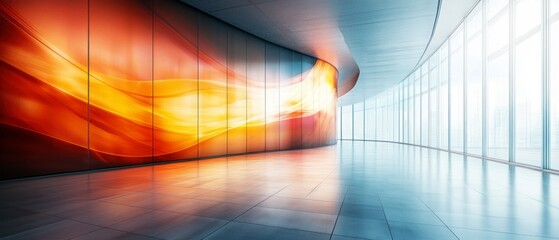 Empty hall showcases modern architecture featuring curved walls adorned with abstract patterns, complemented by expansive windows and tile flooring, creating sleek corporate atmosphere.