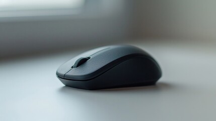 Black computer mouse on white paper, closeup shot, minimalist style, high resolution