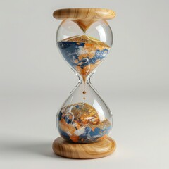 A glass hourglass with Earth inside symbolizes the planet's fragile state and the urgency of climate action as time runs out to protect our world