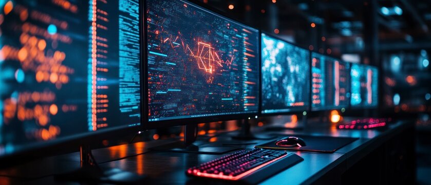 Many computer monitors display complex data, presenting coding, and software details in digital world.