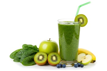 Fototapeta premium Green Smoothie with Fruits and Vegetables on White Background