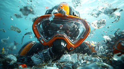A diver explores a polluted ocean. Plastic waste surrounds the mask highlighting the consequences of pollution. This image can be used for awareness campaigns.