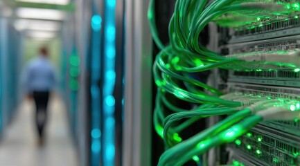 Data center technician managing network cables in a tech environment  