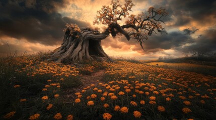 Old Weathered Tree in a Field of Orange Flowers at Sunset