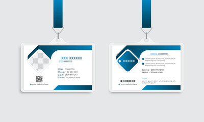 Modern, unique corporate office ID card design, company ID card template, business identity card, horizontal student identity card, horizontal layout, blue color, and white background, abstract vector