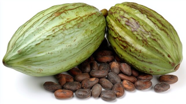 photograph of two cocoa pods next to pile of cocoa beans against white background