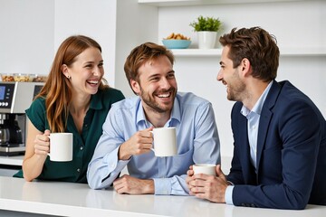 Joyful workplace interaction as three diverse young professionals share conversation and laughter over coffee in modern bright kitchen area, embodying positive company culture