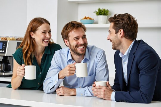 Joyful workplace interaction as three diverse young professionals share conversation and laughter over coffee in modern bright kitchen area, embodying positive company culture
