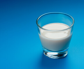 milk in glass cup on blue background, copy space
