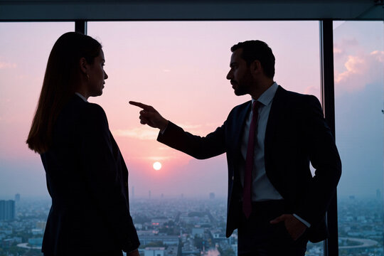 Dramatic silhouette of workplace conflict between businessman and businesswoman against spectacular sunset cityscape backdrop, depicting tense professional disagreement and power dynamics