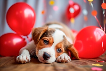 A white puppy with red spots lies on the floor and looks at the camera, among red balloons