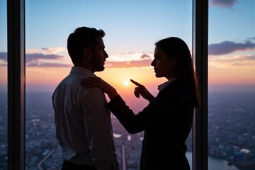 Dramatic silhouette of business couple engaged in conversation against breathtaking panoramic sunset cityscape view, portraying urban professional relationship dynamics in architectural glass