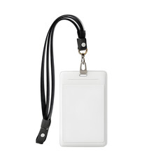 Blank white identification badge hanging on a black lanyard against black background.