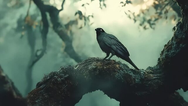 A solitary black bird perched on a gnarled branch amidst a misty, ethereal forest setting