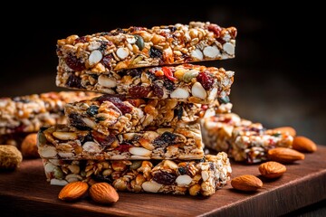 A variety of granola bars made with nuts and dried fruits are neatly stacked on a wooden board. Almonds and other nuts are scattered around, showcasing a healthy snack option